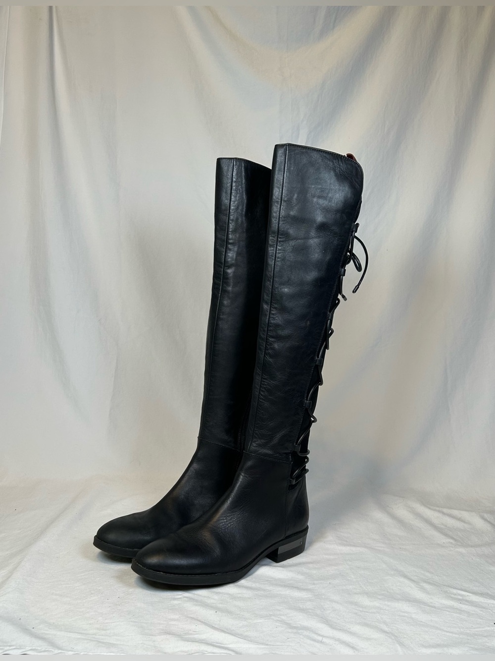 Vince Camuto Black Leather Parle Knee High Stretch Lace Up Boots~5.5~